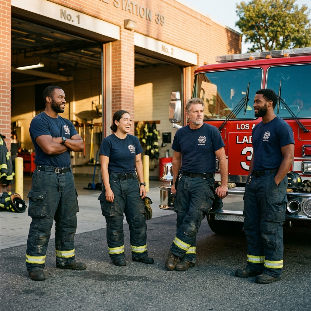 Four firefighters sharing a moment of camaraderie outside their fire station at golden hour
