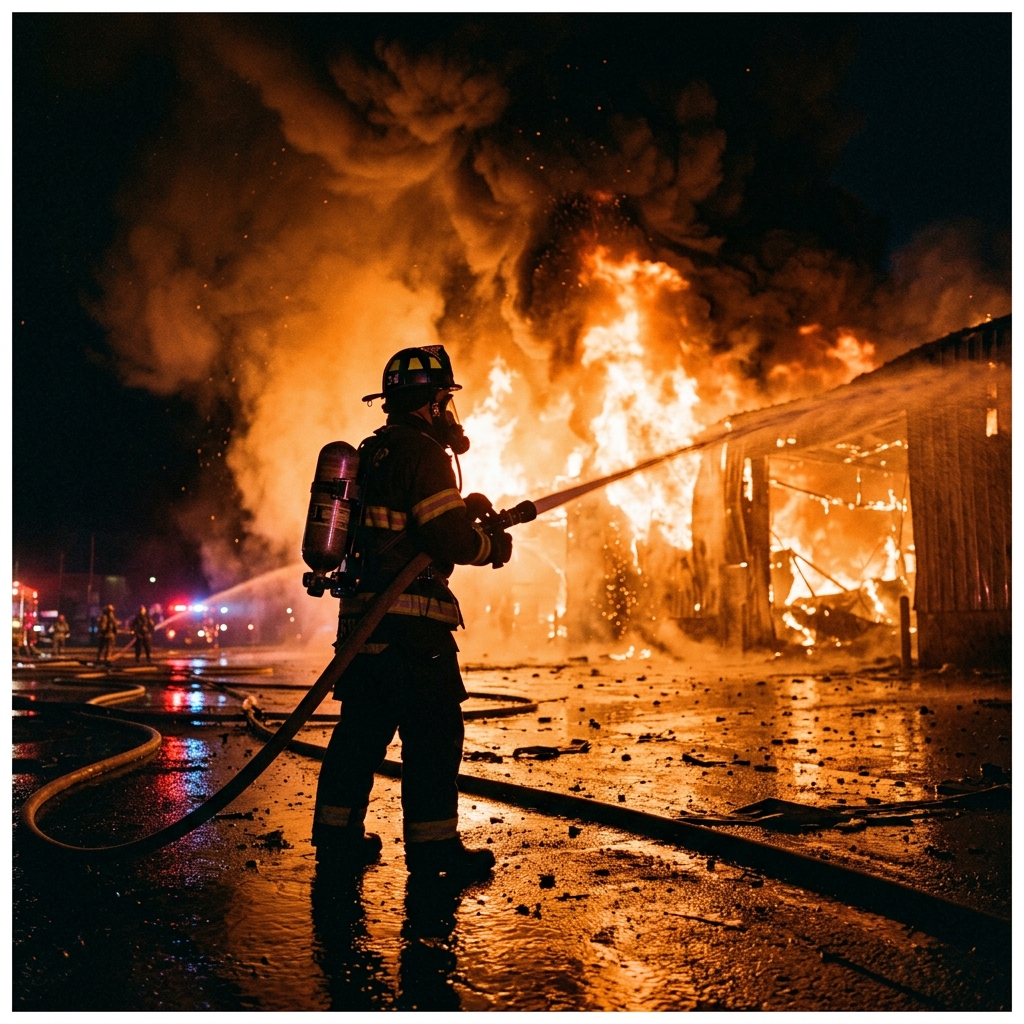 Firefighter silhouette battling an intense structural fire at night with flames and smoke illuminating the scene